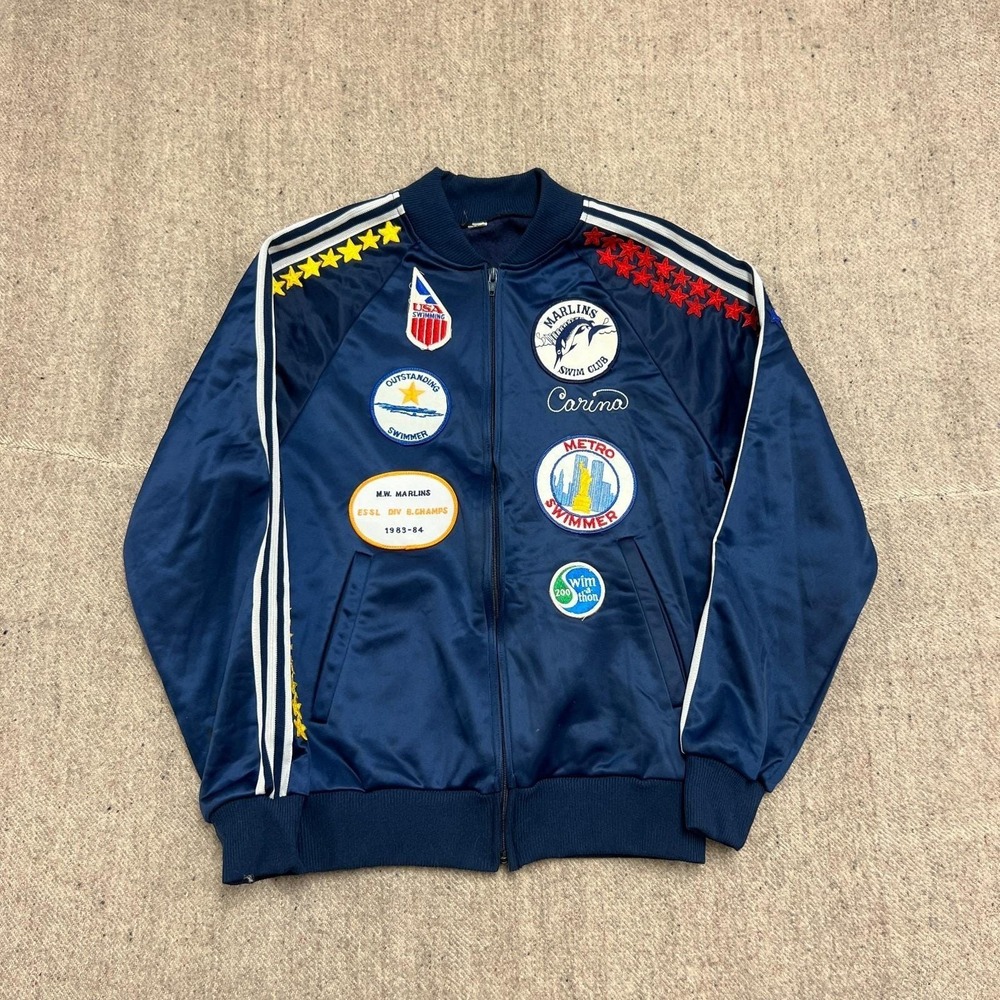 Vintage Swimming Track Jacket Mens Small Blue 1980s Patches Racing